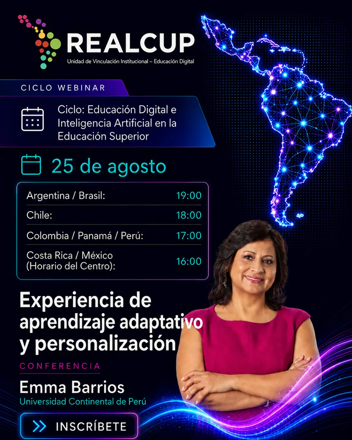 Afiche de Experiencia de aprendizaje adaptativo y personalización, conferencia de Emma Barrios Ipenza