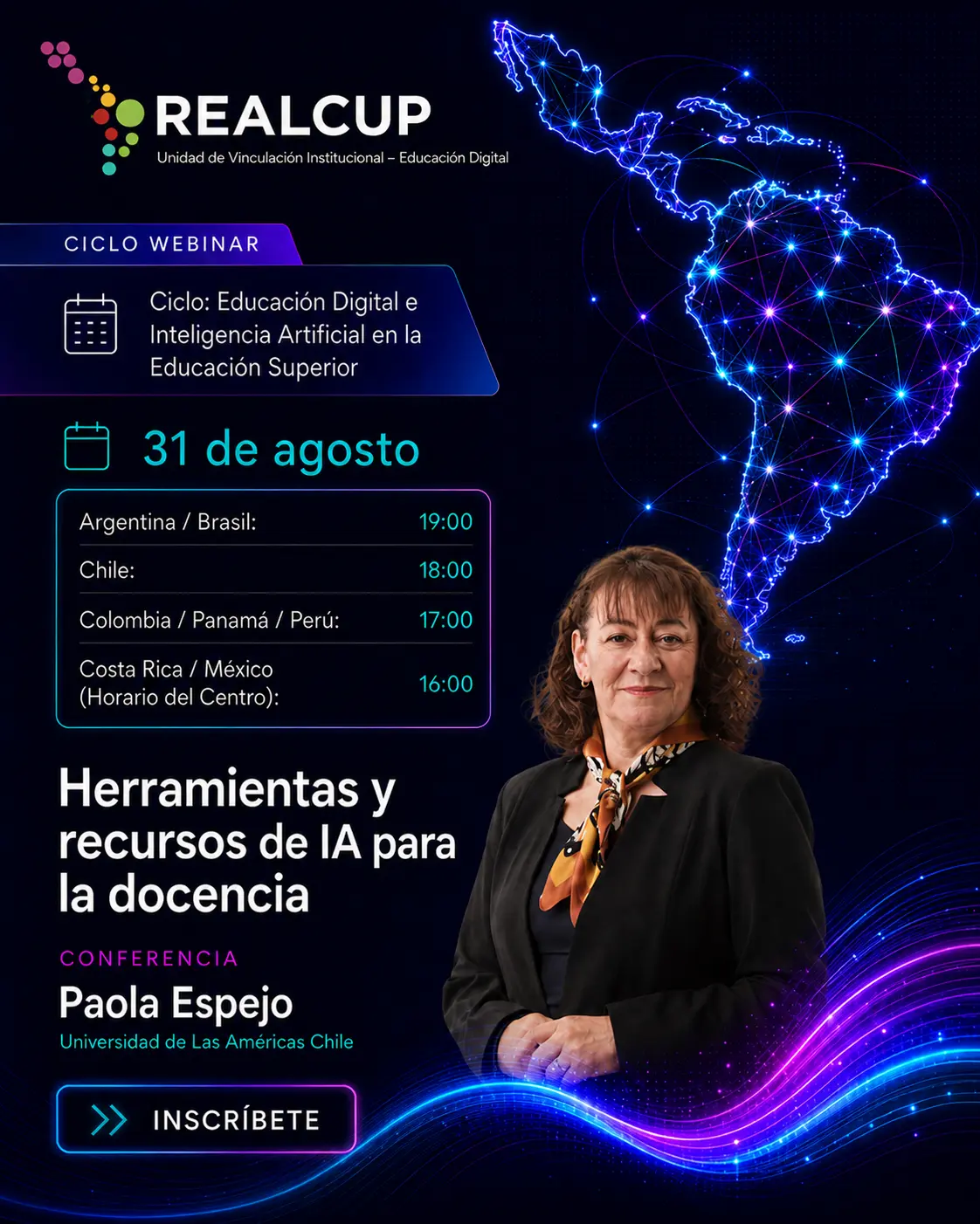 Afiche de Herramientas y recursos de IA para la docencia, conferencia de Paola Carolina Espejo Auba