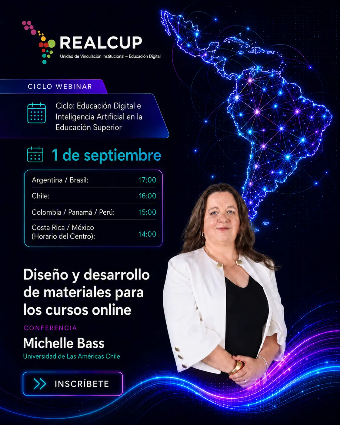 Afiche de Diseño y desarrollo de materiales para los cursos online, conferencia de Michelle Bass del Campo