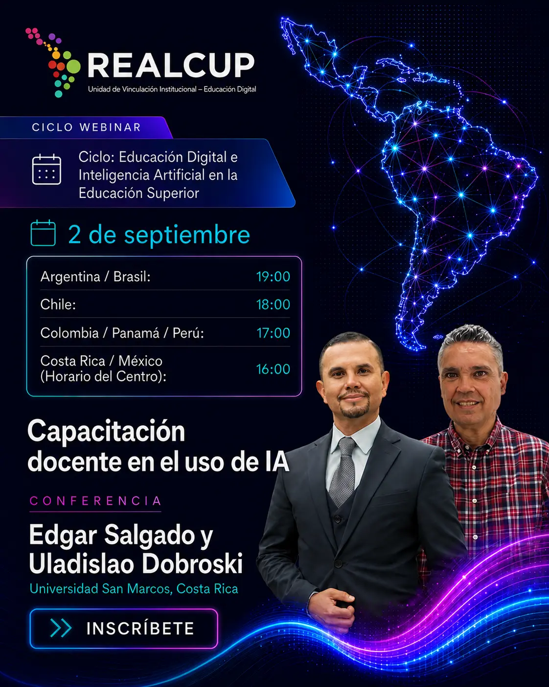 Afiche de Capacitación docente en el uso de IA, conferencia de Edgar Salgado y Uladislao Dobroski