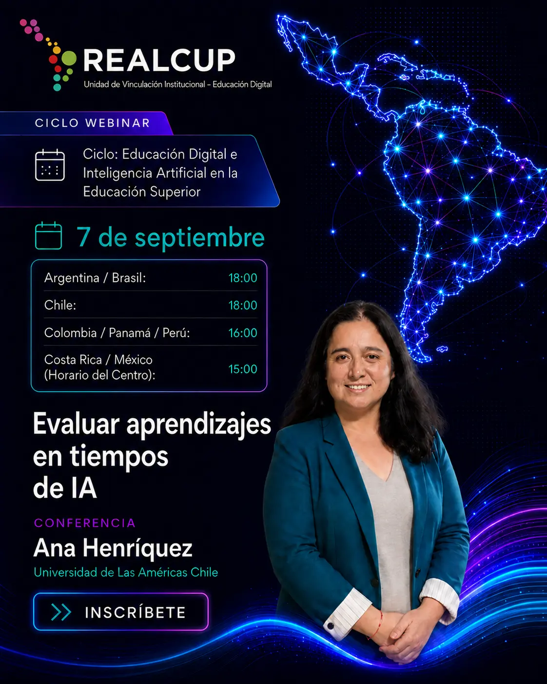 Afiche de Evaluar aprendizajes en tiempos de IA, conferencia de Ana Henríquez Orrego