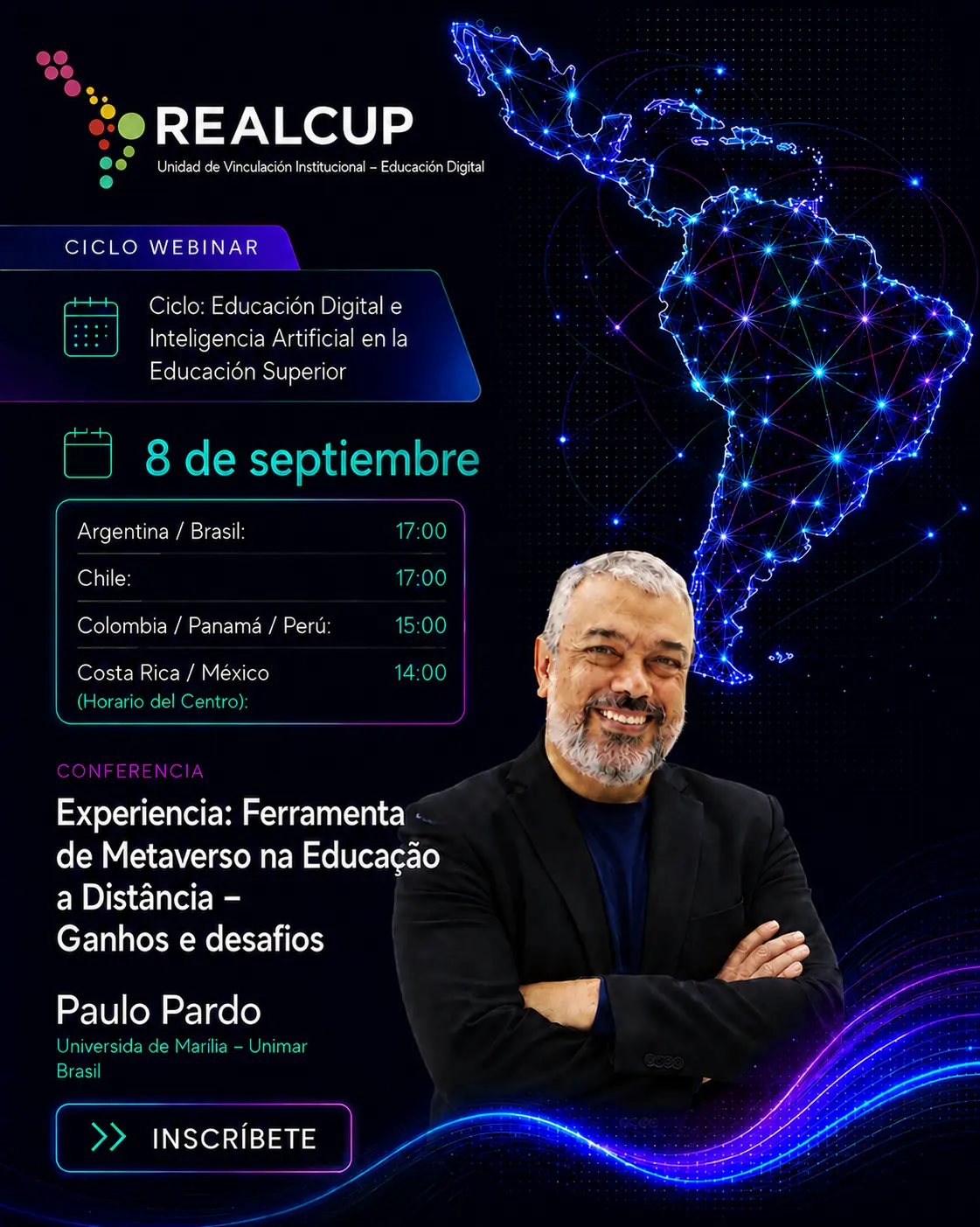 Afiche de Herramienta de metaverso en la educación a distancia: logros y desafíos, conferencia de Paulo Pardo