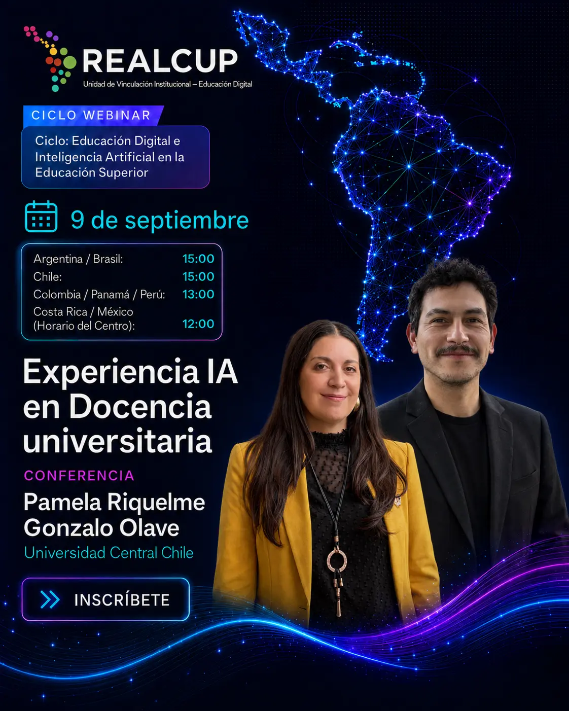 Afiche de Experiencia de IA en docencia universitaria, conferencia de Pamela Riquelme y Gonzalo Olave
