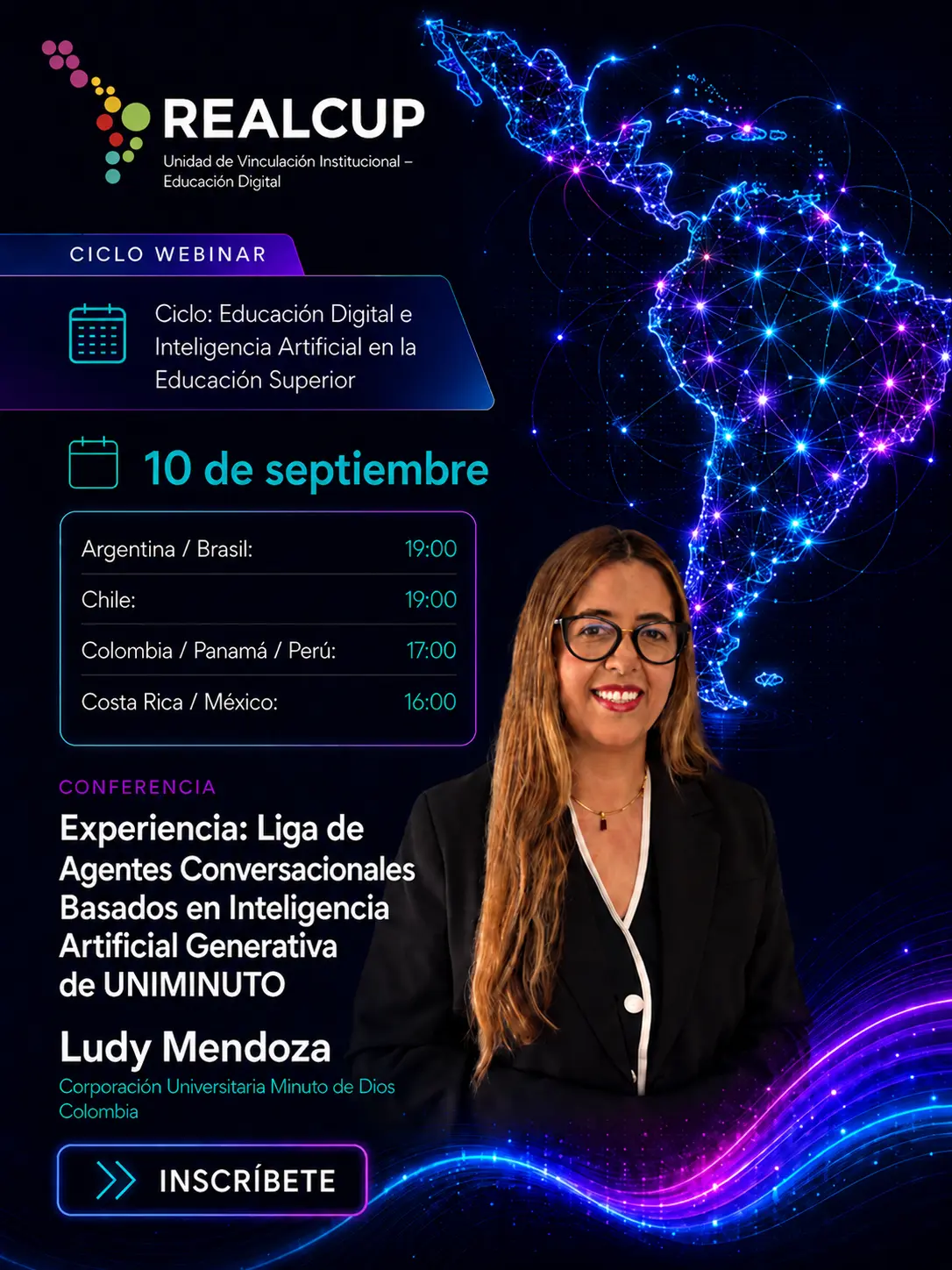 Afiche de Liga de agentes conversacionales basados en inteligencia artificial generativa de UNIMINUTO, conferencia de Ludy Yaneth Mendoza Sandoval