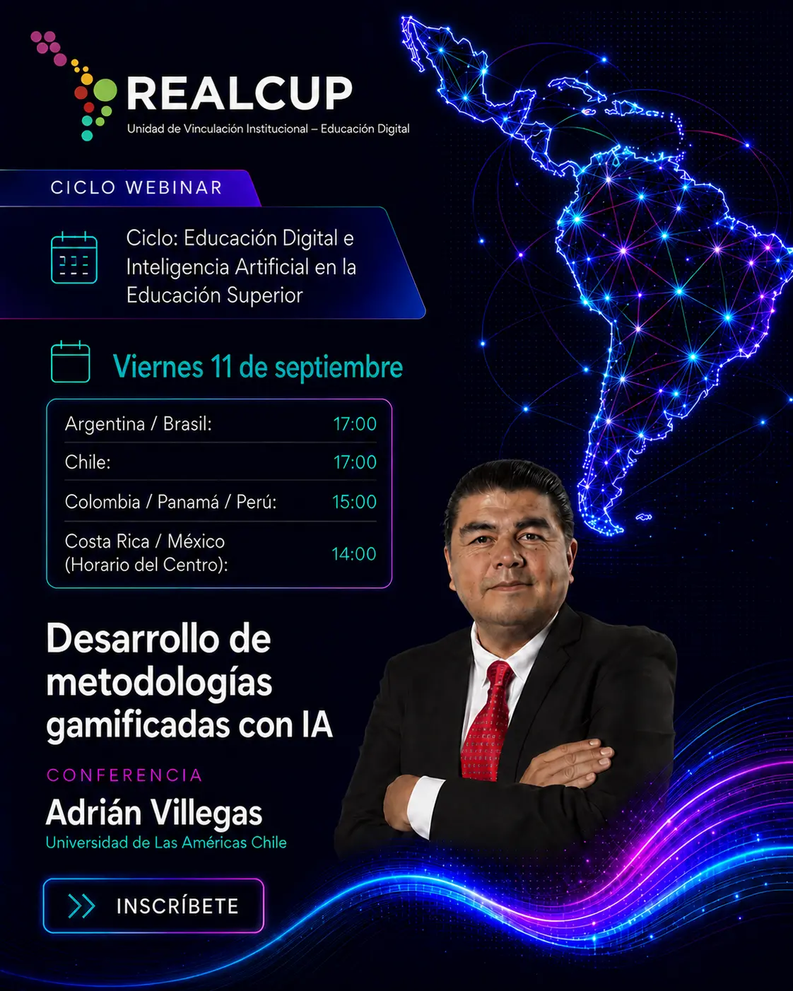 Afiche de Desarrollo de metodologías gamificadas con IA, conferencia de Cristian Adrián Villegas