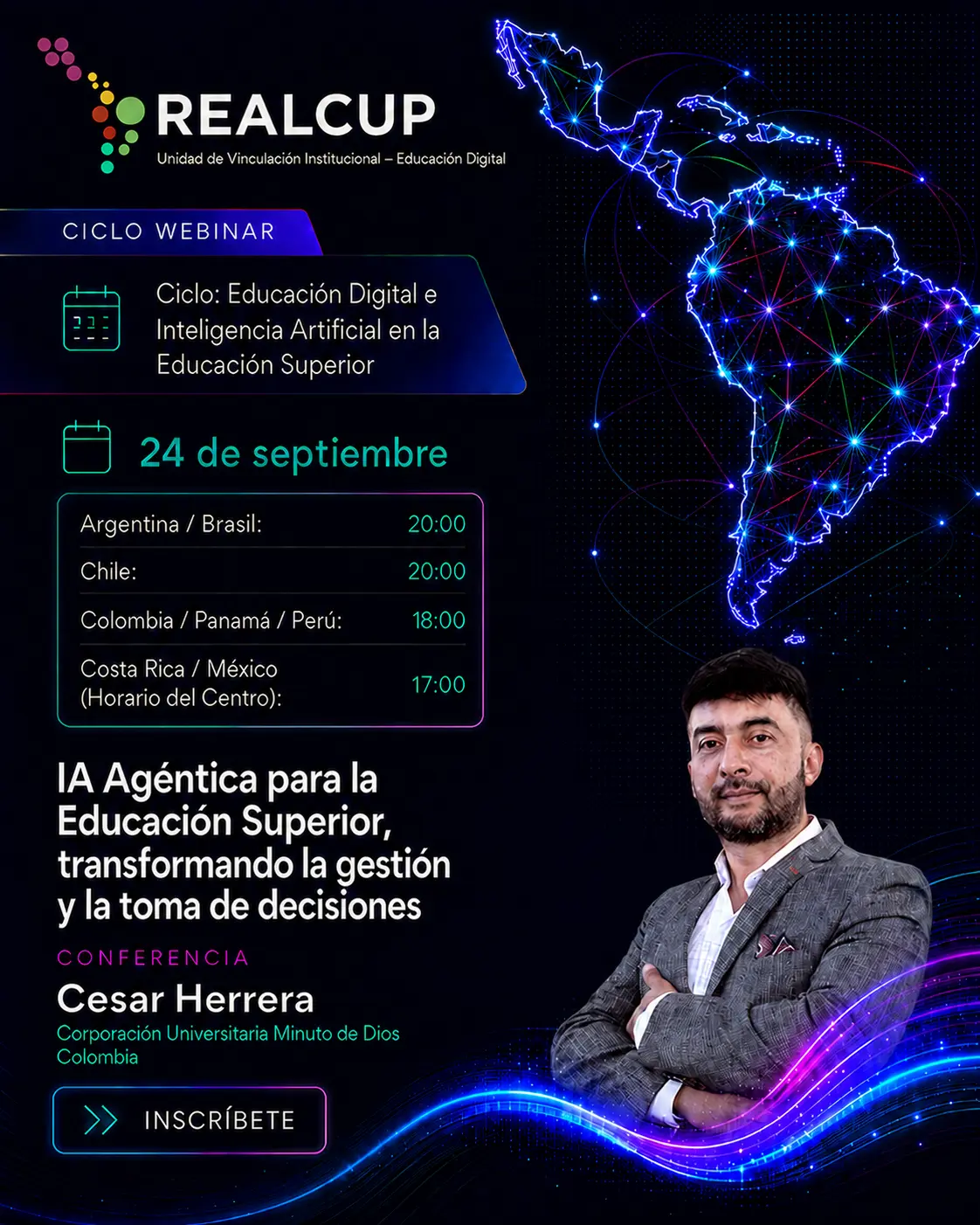 Afiche de IA agéntica para la Educación Superior: transformación de la gestión y la toma de decisiones, conferencia de Cesar Herrera