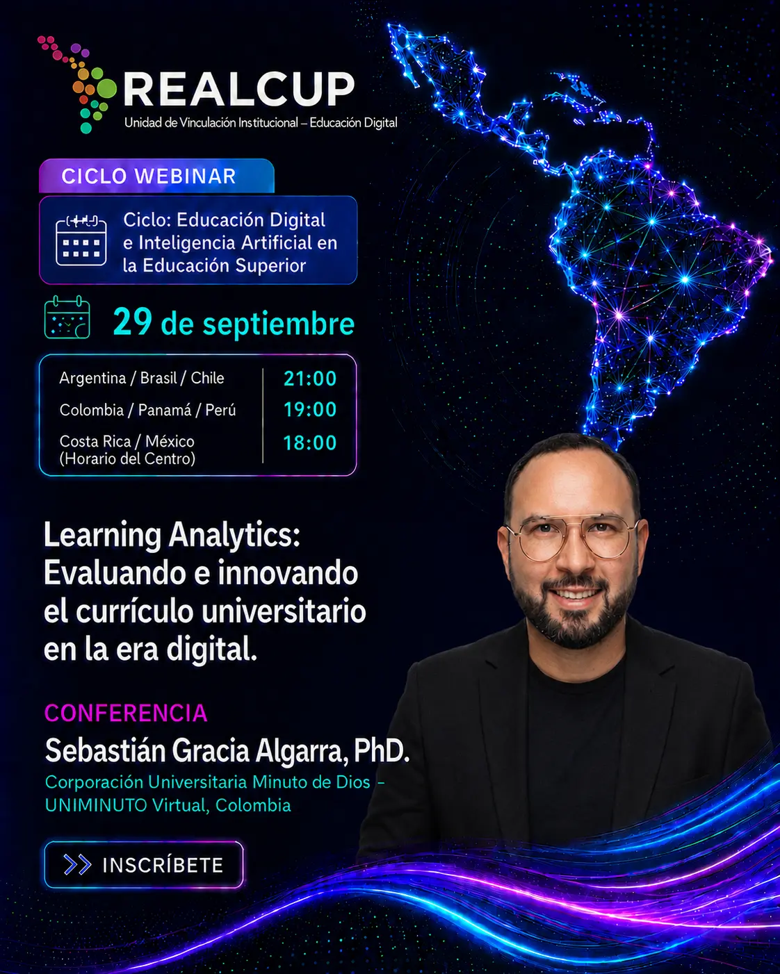 Afiche de Learning Analytics: Evaluando e innovando el currículo universitario en la era digital, conferencia de Sebastián Gracia Algarra, PhD.