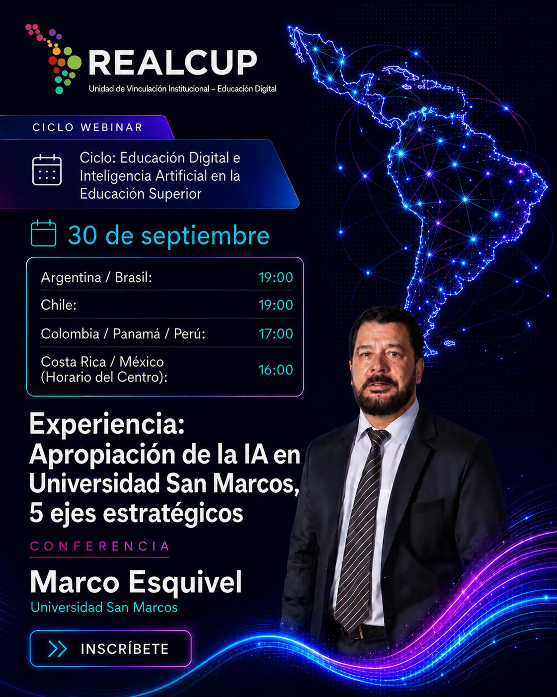 Afiche de Apropiación de la IA en Universidad San Marcos: cinco ejes estratégicos, conferencia de Marco Esquivel Barquero